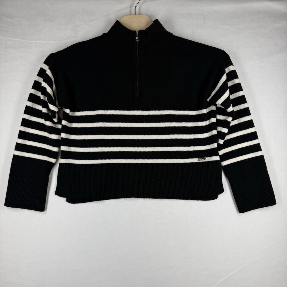 DKNY Women M Black Ivory Striped Quarter Zip Mock Neck Cropped Knit Sweater
